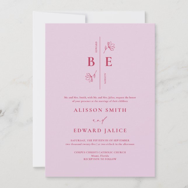Modern Monogram Crest Lavender Magenta Wedding Invitation (Front)