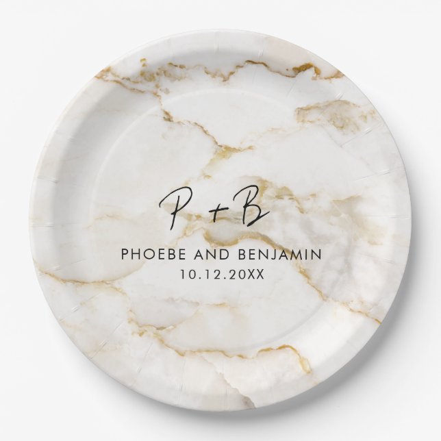 Modern Monogram Custom Gold Marble Wedding Paper Plate (Front)