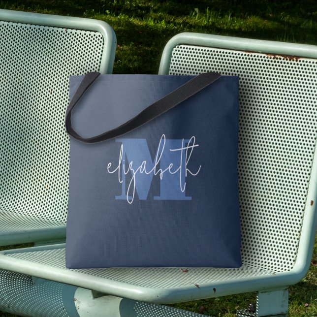 Modern Monogram Custom Name Navy Blue Tote Bag (Custom Tote Bag by PartyInvitationShop.com)