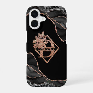 Modern Monogram D Black Agate Marble Rose Gold iPhone 16 Case