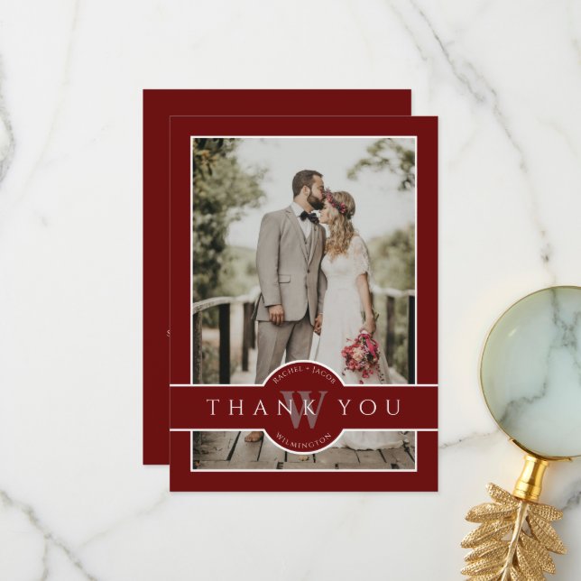 Modern Monogram Dark Red 2-Photo Wedding Thank You Card (Front/Back In Situ)