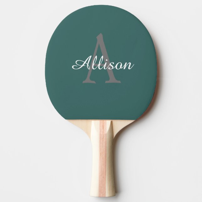 Modern Monogram Dark Teal Script Personalised Ping Pong Paddle (Front)