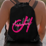 Modern Monogram Drawstring Bag<br><div class="desc">This feminine and lightweight drawstring bag features a hot pink monogram initial and your first name in white on a black background. Fun for yourself or as a gift. (Fabulous for shopping trips!) MATCHING items in our store.</div>