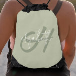 Modern Monogram Drawstring Bag<br><div class="desc">This feminine and lightweight drawstring bag features a green monogram initial and your first name in white on a sage green background. Fun for yourself or as a gift. (Fabulous for shopping trips!)</div>