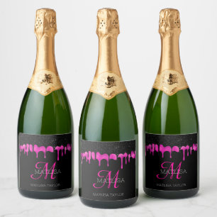 Modern Monogram Dripping Glitter Black Hot Pink  Sparkling Wine Label