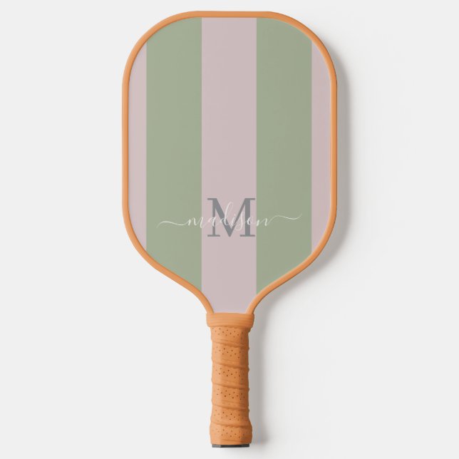 Modern Monogram Dusky Pink | Sage Green Stripe Pickleball Paddle (Front)