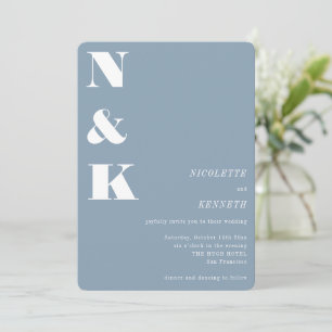 Modern Monogram Dusty Blue Bold Elegant Wedding Invitation
