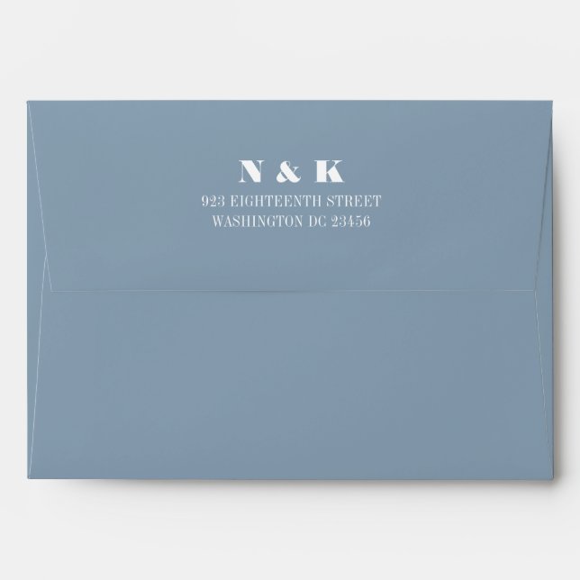Modern Monogram Dusty Blue Wedding Return Address Envelope (Back (Top Flap))