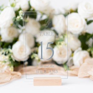 Modern Monogram Dusty Blue Wedding Table Number Acrylic Sign