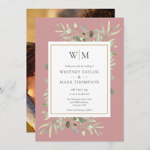 Modern Monogram Dusty Rose Greenery Photo Wedding Invitation