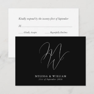Modern Monogram Elegant Black & White Wedding RSVP Card