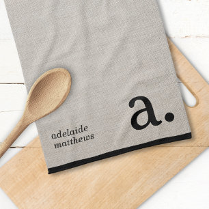 Modern Monogram Elegant Linen Look Initial Name Tea Towel