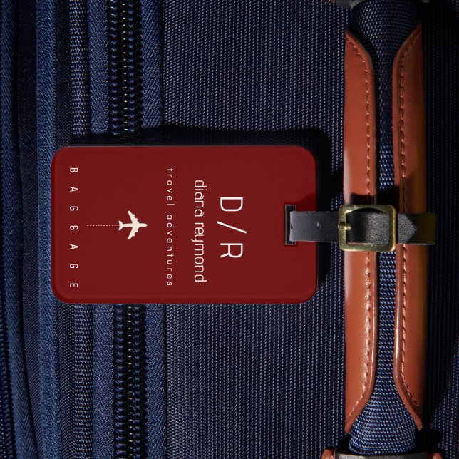 Modern Monogram Elegant Name dark red Luggage Tag (Front Insitu 4)
