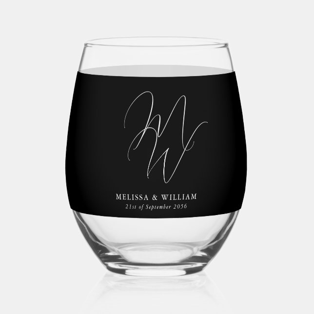 Modern Monogram Elegant Script Black White Wedding Stemless Wine Glass (Front)
