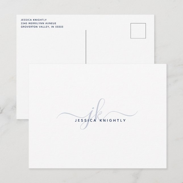Modern Monogram Elegant Script Initials Navy Blue Postcard (Front/Back)