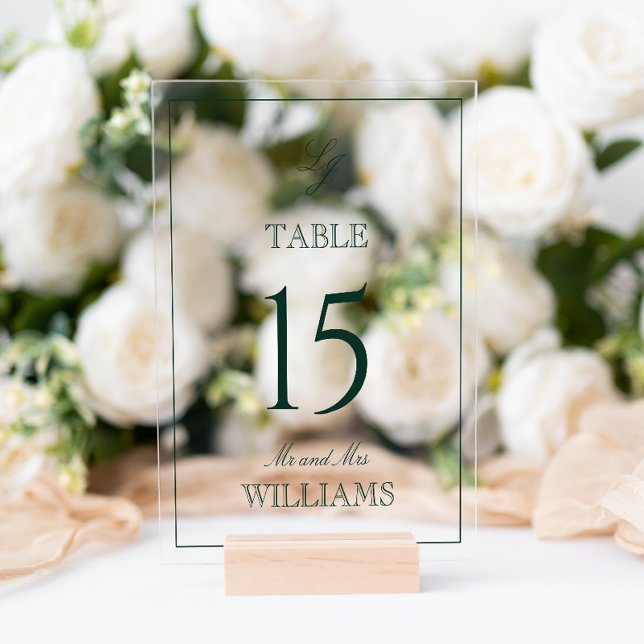 Modern Monogram Emerald Green Wedding Table Number Acrylic Sign (Wedding Table Number!
)