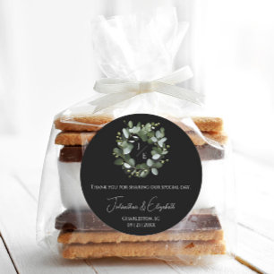 Modern Monogram Eucalyptus Wreath Black Classic Round Sticker
