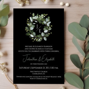 Modern Monogram Eucalyptus Wreath Black Invitation