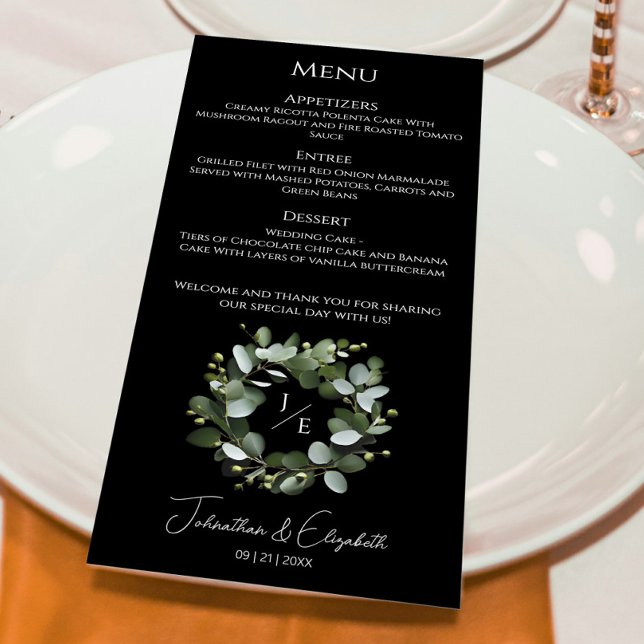 Modern Monogram Eucalyptus Wreath | Black Menu (Black Modern Monogram Eucalyptus Wreath Wedding Menu)