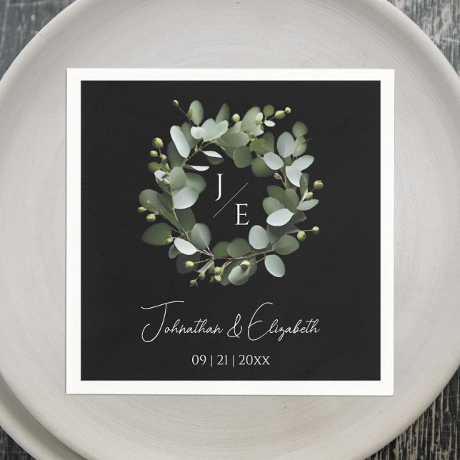 Modern Monogram Eucalyptus Wreath Black Napkin (Black Modern Monogram Eucalyptus Wreath Wedding Napkin)