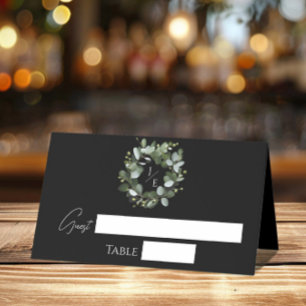 Modern Monogram Eucalyptus Wreath   Black Place Card