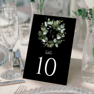 Modern Monogram Eucalyptus Wreath Black Table Number