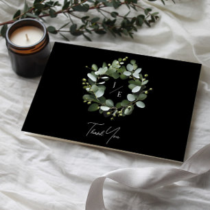 Modern Monogram Eucalyptus Wreath Black Thank You Card