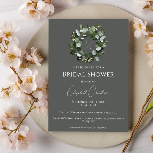 Modern Monogram Eucalyptus Wreath Bridal Shower Invitation (Gray Modern Monogram Eucalyptus Wreath Bridal Shower Invitation)