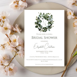 Modern Monogram Eucalyptus Wreath Bridal Shower Invitation
