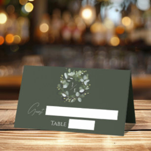 Modern Monogram Eucalyptus Wreath   Dark Green Place Card