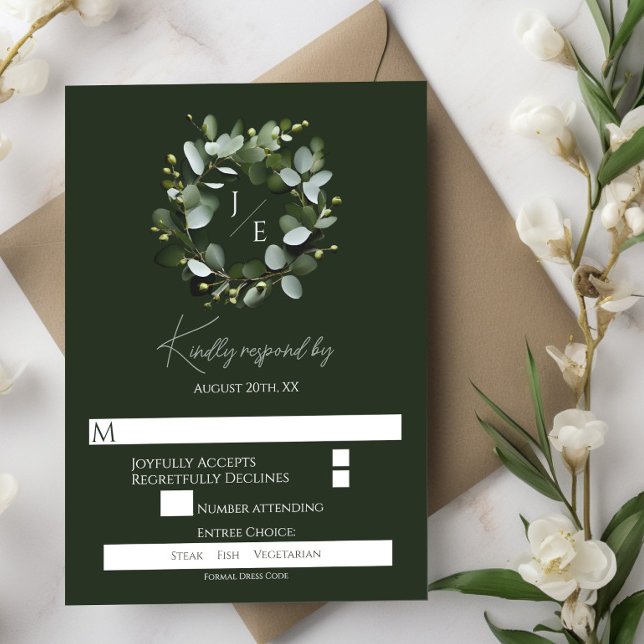 Modern Monogram Eucalyptus Wreath | Dark Green RSVP Card (Dark Green Modern Monogram Eucalyptus Wreath Wedding RSVP)