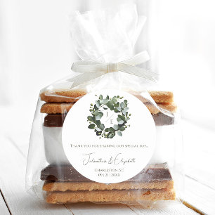 Modern Monogram Eucalyptus Wreath Favour   White  Classic Round Sticker