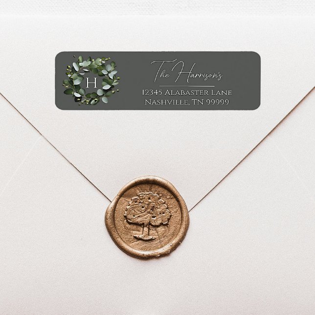 Modern Monogram Eucalyptus Wreath | Grey (Gray Modern Monogram Eucalyptus Wreath Wedding Address Label)