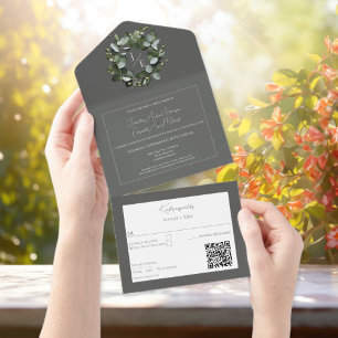 Modern Monogram Eucalyptus Wreath Grey All In One Invitation