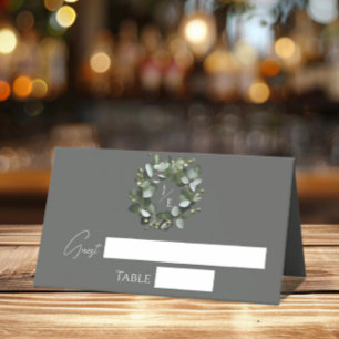 Modern Monogram Eucalyptus Wreath   Grey Place Card
