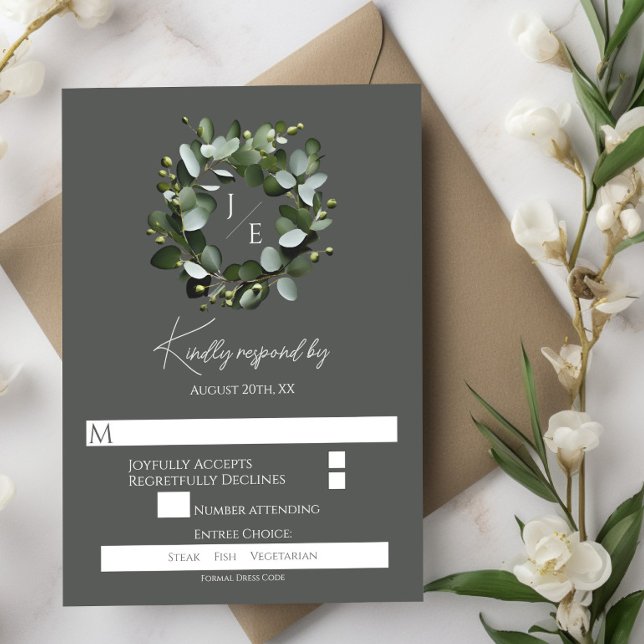 Modern Monogram Eucalyptus Wreath | Grey RSVP Card (Gray Modern Monogram Eucalyptus Wreath Wedding RSVP)