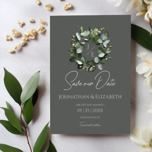 Modern Monogram Eucalyptus Wreath   Grey Save The Date
