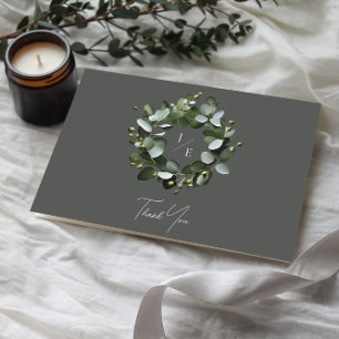 Modern Monogram Eucalyptus Wreath   Grey Thank You Card