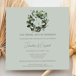 Modern Monogram Eucalyptus Wreath Rehearsal Dinner Invitation