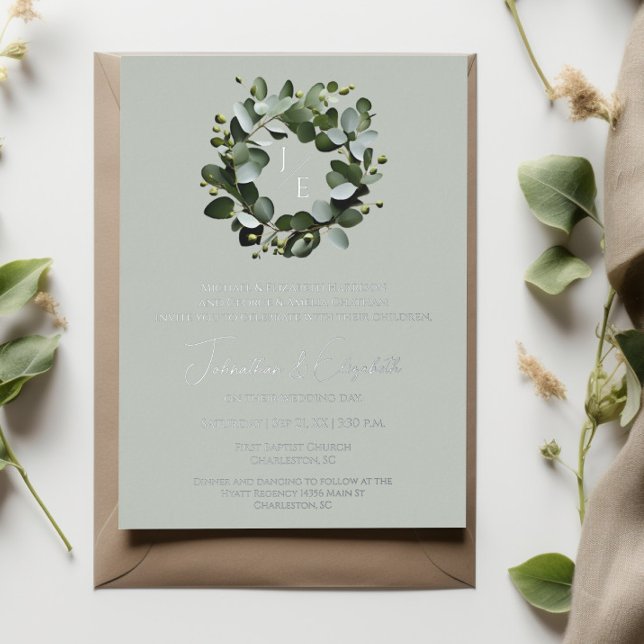 Modern Monogram Eucalyptus Wreath Sage Green (Sage Green Modern Monogram Eucalyptus Wreath Foil Wedding Invitation)