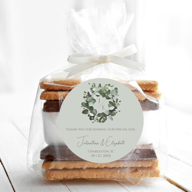 Modern Monogram Eucalyptus Wreath Sage Green Classic Round Sticker (Sage Green Modern Monogram Eucalyptus Wreath Wedding Favor Sticker)