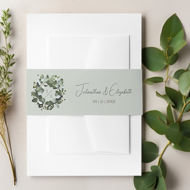 Modern Monogram Eucalyptus Wreath | Sage Green Invitation Belly Band (Sage Green Modern Monogram Eucalyptus Wreath Wedding Invitation Belly Band)