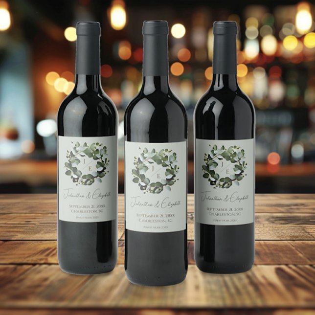 Modern Monogram Eucalyptus Wreath | Sage Green Wine Label (Sage Green Modern Monogram Eucalyptus Wreath Wedding Wine Labels)