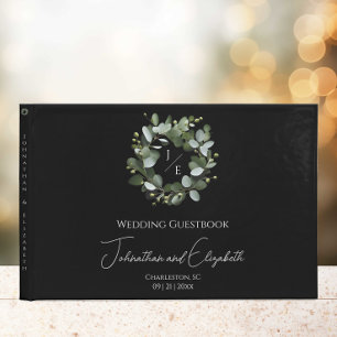 Modern Monogram Eucalyptus Wreath Wedding Black Guest Book