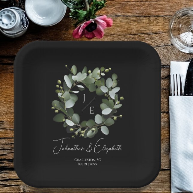 Modern Monogram Eucalyptus Wreath Wedding Black Paper Plate (Black Modern Monogram Eucalyptus Wreath Wedding Paper Plates)