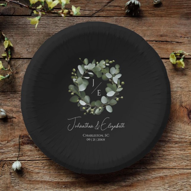 Modern Monogram Eucalyptus Wreath Wedding Black Paper Plate (Black Modern Monogram Eucalyptus Wreath Wedding Paper Bowls)