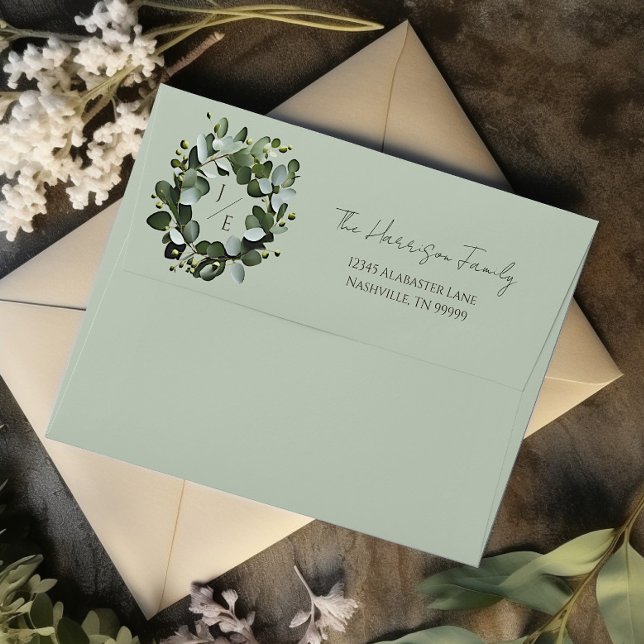 Modern Monogram Eucalyptus Wreath Wedding Envelope (Sage Green Modern Monogram Eucalyptus Wreath Wedding Envelope)