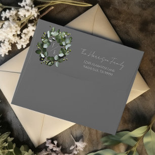 Modern Monogram Eucalyptus Wreath Wedding Grey Envelope