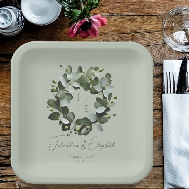 Modern Monogram Eucalyptus Wreath Wedding Paper Plate (Sage Green Modern Monogram Eucalyptus Wreath Wedding Paper Plates)