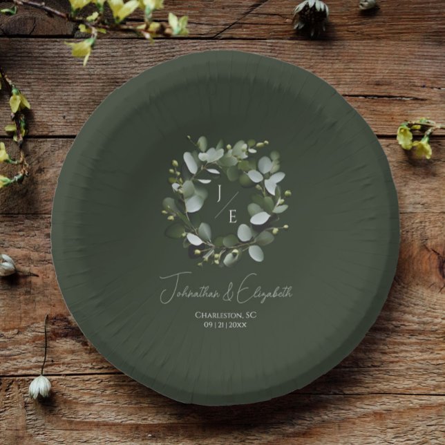 Modern Monogram Eucalyptus Wreath Wedding Paper Plate (Dark Green Modern Monogram Eucalyptus Wreath Wedding Paper Bowls)